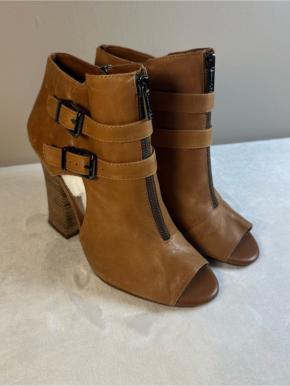 Jessica Simpson Tan Leather Open-Toe Buckle Ankle Boots